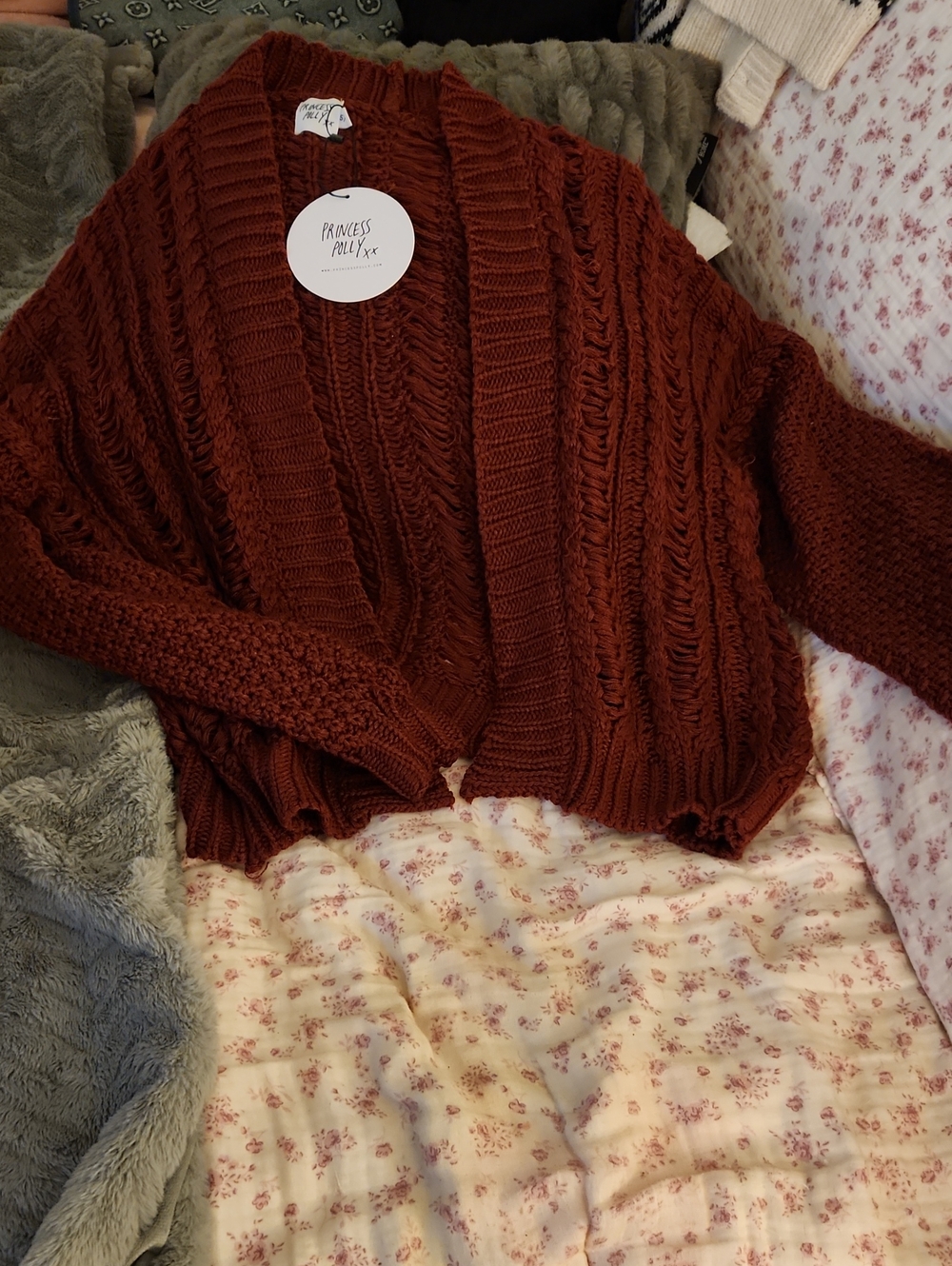 Princess Polly Burgandy Cable Knit Cardigan